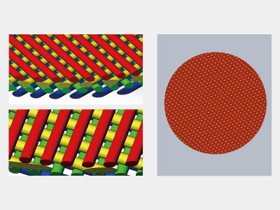 3D细胞培养支架结构图，基本结构为每层之间纤维交错90°，每2层之间纤维平行且不正对